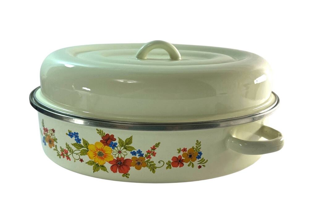 Vintage JMP Sweet Flowers Enamel Roasting Pan w Lid Spain 1970s Floral